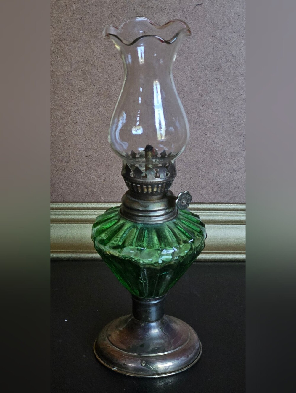 Adorable Small Antique Oil Lamp Moldered Green Glass & Shade